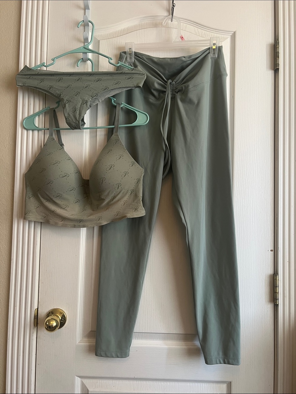 PINK vs Sage Green Intimates Set – Bralette, Thong & Lounge Leggings
